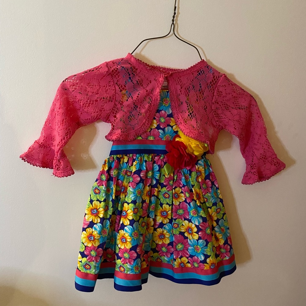 Toddler Girls 24 M Youngland multicolor flower dress, and pink shrug/sweater